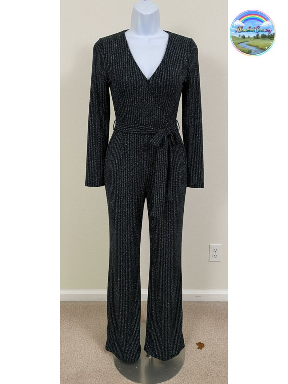 Women's Sexy V-Neck Long Sleeve Glitter Jumpsuit with Belt